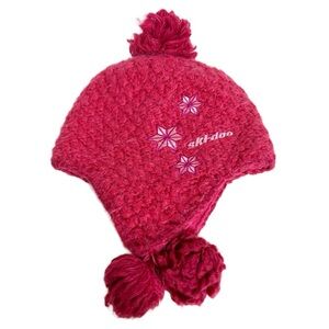 Ski-Doo Knit Winter Hat With Earflap and Pom-Poms Fleece Lined Raspberry Stars